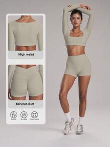 FWH Conjunto deportivo de 2 piezas compuesto por top de manga larga con almohadillas desmontables y diseño moldeador de caderas para yoga, correr al aire libre, citas, ir al trabajo, de uso versátil, elástico, sexy, casual, cómodo, juvenil, con un diseño elegante y minimalista.
