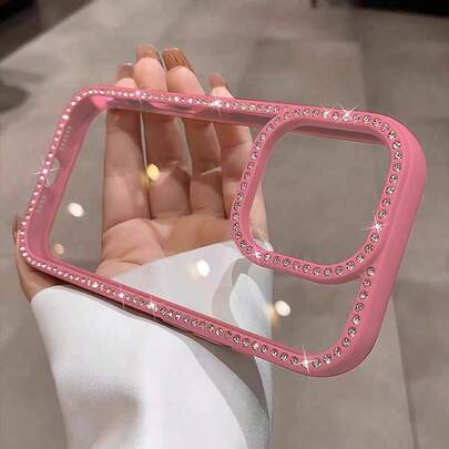 1 pieza Funda de teléfono de acrílico duro, a prueba de golpes, de color rosa lujoso y brillante con diamantes, adecuada para iPhone 17 Air 16e/15 Pro Max/14 Plus/13 Pro, protección a prueba de golpes, material de acrílico duro con parachoques anti-colisión, regalo de fiesta