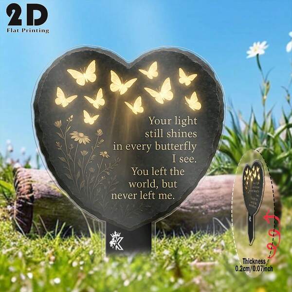 2D Flat, 1pc Butterfly Heart Memorial Garden Stake - 22.86cm X 33.02cm Acrylic Outdoor Decoration With Glowing Butterflies & Floral Design, Rustic Bohemian Art Decor For Lawn, Cemetery, Flower Bed - No Electricity Condolence Gift, 2D Flat