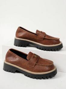 Women's Retro British Style Brown Penny Loafers, Thick Sole Slip-On Flats, Casual Oxfords Suitable For Office, Campus, And Formal Occasions, Fashion Classic Lace-Up Shoes For Spring/Autumn