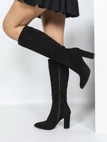 Giày bốt cao đến gối đế dày màu đen có khóa kéo bên hông dành cho nữ, phong cách Âu Mỹ cổ điển, giày bốt mũi nhọn bền và thời trang cho mùa thu/đông, thoải mái và phong cách, phù hợp cho nhiều dịp khác nhau, tiệc tùng - màu đen - Xem 5