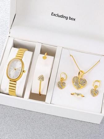 1 Set Oval Dial Bamboo Strap Women's Quartz Watch + Heart Decor