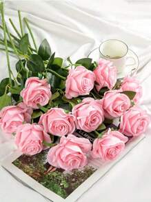 16PCS Artificial Roses Flowers Bouquet, Rayon Flowers Realistic Rose Bouquet With Long Stems, Bride Holding Bouquet, Wedding Decoration, DIY Wreath Materials, Birthday Party Decoration Materials, Home Dining, Living Room, Vase, Outdoor Garden