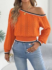Autumn/Winter Fashionable Sexy Asymmetrical Neck Cable Knit Long Sleeve Sweater