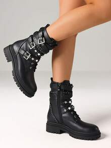 Botas de tobillo punk para mujer, tacón de bloqueo, solapa, perla, remache, moda cool, shorts callejeros, diseño gótico de lujo, botas de motocicleta para mujeres - Negro - Ver 6