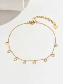 1pc Delicate Women Anklet With Tiny Four-Leaf Clover And Sparkling Zirconia, Suitable For Various Occasions - Yellow Gold - View 6