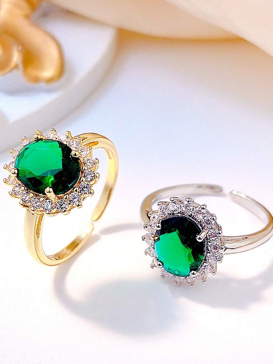1 Peça Anel de Liga de Cobre com Zircônia Esmeralda Oval Elegante
