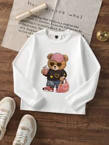 1 件女童休闲印花圆领长袖 T 恤，秋季学生年轻服装 - 白色 - 查看 3