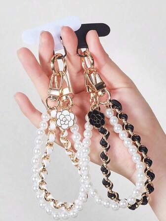 1pc Luxury Retro Fragrance Pearl Chain Phone Lanyard + Clip Wrist Phone Chain Pendant, Fits Universal Phone Cases & Keychains