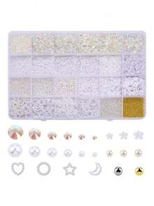 1 Box 24 Slots Nail Art Decorations, Resin Rhinestones, Steel Beads, Faux Pearl Nail Jewelry, Random Mixed Nail Art DIY Accessories