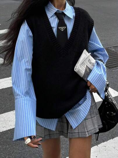 2025 Fall/Winter New Arrival Black V-Neck Knitted Sweater Vest Top, A Simple, Gentle, And Lazy College Style Daily Autumn Women's Clothing Vintage College Style Minimalist Versatile In Style