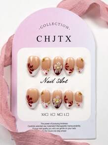 YINZIJIA Unique Design, Short Almond Shaped, 10 Pressed Nails, Pink French 3D Faux Pearls, Ice Crystal Petals Surrounding Faux Pearl Design With Circular Pattern, Short Size, Almond Shaped Pressed Nails, Perfect Gift For Daily Wear And Holiday Parties For Girls And Women In Spring And Summer Nail Supplies Nails