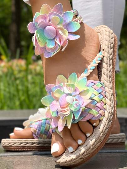 Sandalias tipo chanclas con estampado floral 3D ombre de rosa a verde, con suela y tiras tejidas, sandalias de playa para mujer para vacaciones, chanclas planas (sin cadena para el pie)