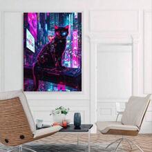 Framed 1PC Room Decor Cyberpunk Cat Gaming Canvas Poster - Vibrant Neon Aesthetic Wall Art With High-Tech Armor & Glowing Hues, Perfect For Bedroom, Office, Or Cafe Decor,Cat Decor, Office Decoration | Futuristic Cat Design | Detailed Textures, Cat Decorations