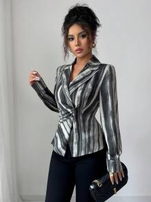 Satin Shirt, Long-Sleeved Top, Striped Waist-Hugging Shirt, Professional Slim Suit Collar, Autumn Suit, Fall Women Clothes Streetwear - Grey - View 1
