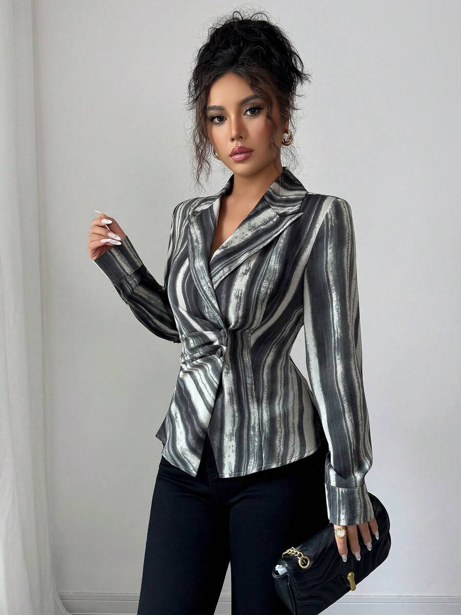 Satin Shirt, Long-Sleeved Top, Striped Waist-Hugging Shirt, Professional Slim Suit Collar, Autumn Suit, Fall Women Clothes Streetwear - Grey - View 1