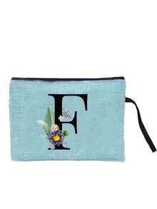 Sunflower & Daisy, Letter A-Z Print Blue Linen Tote Bag, Perfect Holiday Gift, Multifunctional Portable Handbag/Shoulder Bag, Fashion Minimalist Linen Bag, Large Capacity Storage Bag, Gift For Women, Teacher's Day Gift, Cosmetic Bag - Blue - View 21