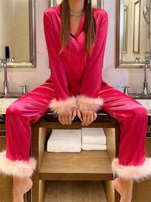Conjunto de 2 piezas para mujer, con mangas largas, solapa, puños de felpa, camisa y pantalones, ropa de dormir - Rosa Fucsia - Ver 1