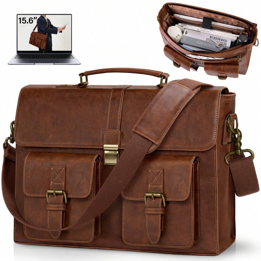 NEWHEY Men Messenger Bag 15.6 Inch Leather Vintage Laptop Briefcase Waterproof Computer Laptop Bag Leather Satchel Bag Large Shoulder Bag For Office Work Travel College Vintage Bags