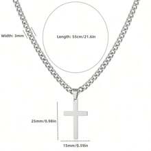 Men's Cross Pendant Necklace, Basic Style Stainless Steel Cross Necklace, Waterproof Non-Fading Jewelry, High-Quality Thin Chain Cross Pendant Necklace, Cuban Link Cross Necklace, Fashionable Stainless Steel Accessory, Gift For Him, Suitable For Daily Wear And Parties - Silver - View 7