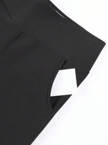 1pc Women's Black Solid Color Elastic Waist Leggings,Thermal Lined With 2 Side Pockets - Autumn/Winter Warm Staple,Fleece - Black - View 4