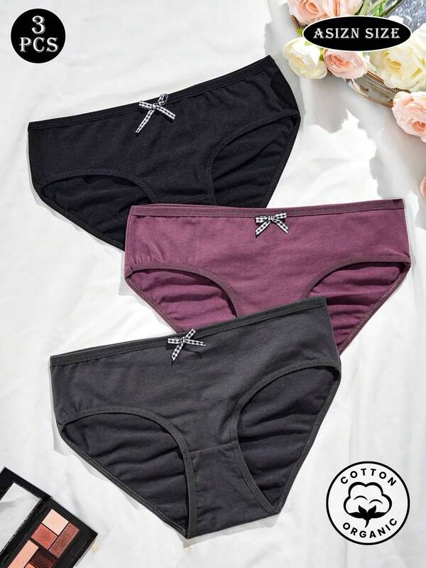 Calcinha feminina versátil e fofa, 3 peças, com laço, decoração, algodão elástico, macia