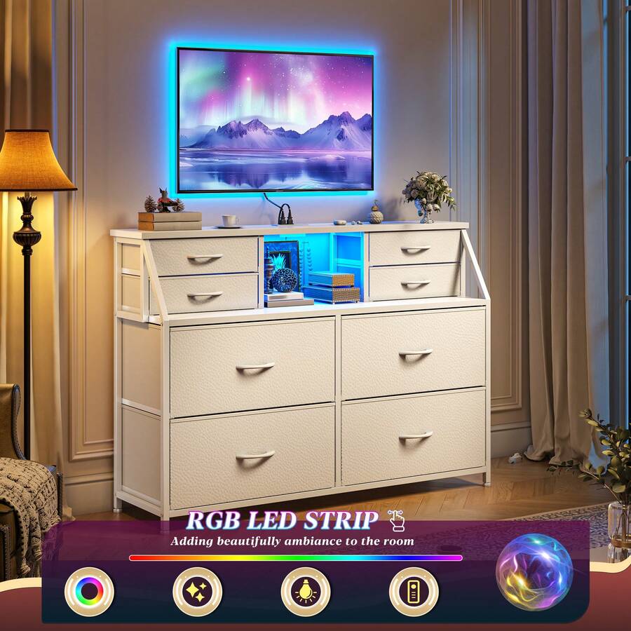 EnHomee 8 Drawers Dresser With Fabric Storage & LED Lights & Charging Station For Bedroom , Nightstand With Open Shelf For Living Room And Entryway, Easy To Assemble, White - 查看 1
