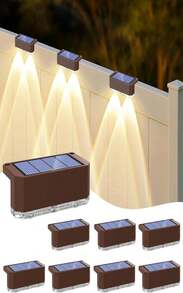 Luces solares de valla de peasur para exteriores, paquete de 8, luces de cubierta solares, luces LED impermeables para barandilla, patio exterior (blanco cálido) - Marco blanco cálido y marrón - Ver 1