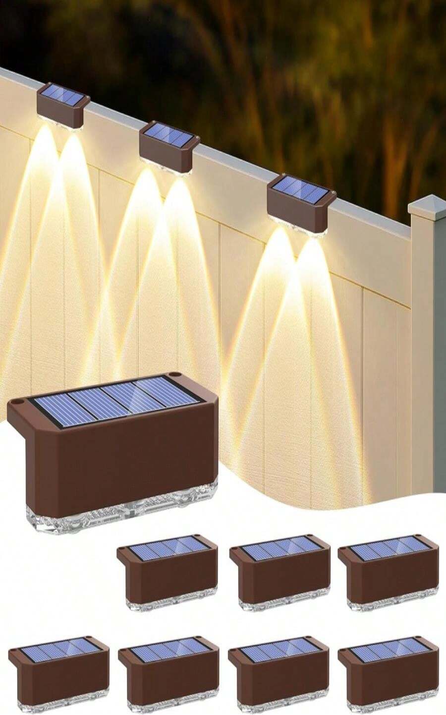 Luces solares de valla de peasur para exteriores, paquete de 8, luces de cubierta solares, luces LED impermeables para barandilla, patio exterior (blanco cálido) - Marco blanco cálido y marrón - Ver 1