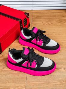 白色、黑色、洋红色多巴胺灵感时尚户外滑板鞋，性感优雅的洋红色外底，系带设计，圆头，低帮，透气网面，多功能，节日礼物，休闲穿着，派对，女士运动鞋 - 白黑玫紅彩底 - 查看 7