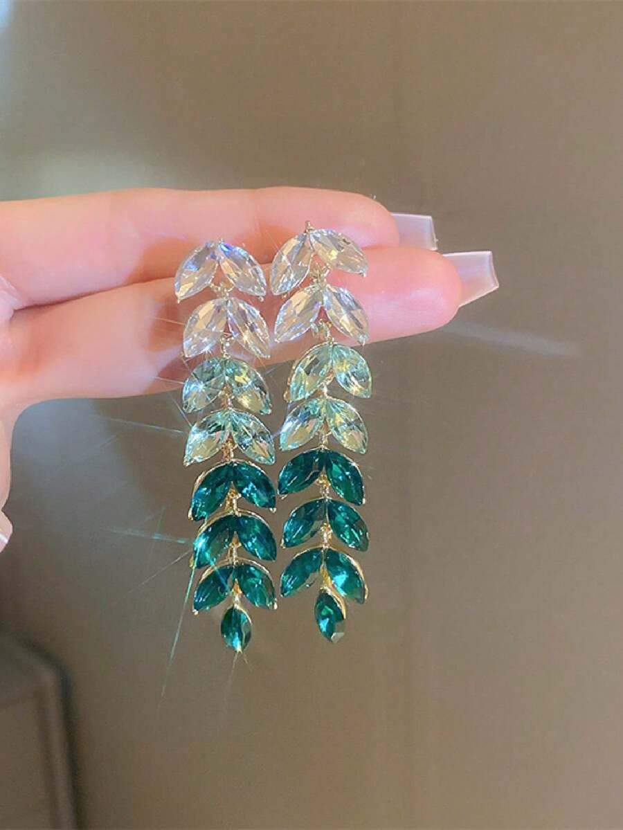 1 Par de Pendientes con Hojas de Color Verde Ombre de Cristal - Verde - Ver 1