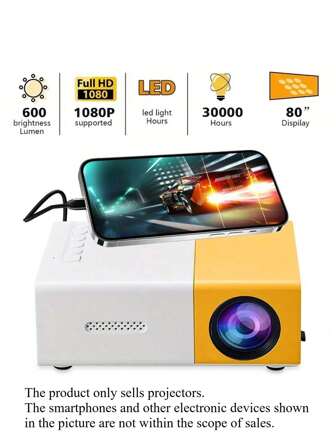 1 draagbare YG300 miniprojector, eenvoudig aan te sluiten op uw telefoon en mee te nemen voor thuis, op feestjes of op kantoor. Compatibel met USB/SD/AV/HD en andere interfaces, evenals een Type-C-poort. Geen ingebouwd systeem; ondersteunt bekabelde schermweergave vanaf mobiele telefoons.