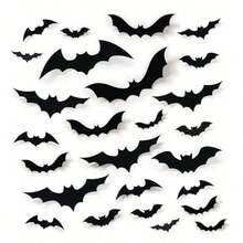 120pcs/72pcs Halloween Wall Bats Decor, Black Fake Plastic Bat Stickers, Suitable For DIY Halloween Room Decoration, 4 Different Sizes Waterproof 3D Realistic Bats, Applicable For Home Window Halloween Party Decoration