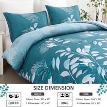 3PCS Soft Cyan Branches Leaves Pattern Duvet Cover Bedding Set Queen Super King Size With 2 Pillowcases- Autumn & Christmas Gift Leaf Quilt Cover Set, Cozy Bed For Warm Fall & Festive Xmas Bedroom Decor, Soft & Stylish Bedding Collection - Cyan - 查看 4