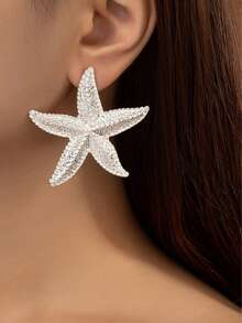 1 par de pendientes de aro con estrella de mar dorada, adecuados para usar en fiestas y bodas - Estrella - Ver 6
