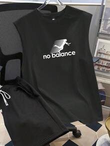 男士夏季无袖背心和短裤套装，个性化图案印花，时尚休闲沙滩/度假/钓鱼/篮球/健身两件套，配有抽绳裤，是送给丈夫或男朋友的绝佳夏季礼物 - 黑色 - 查看 1