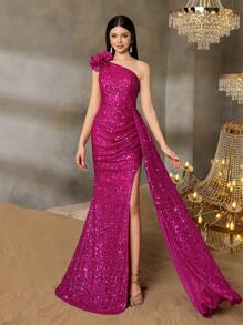 Alisa&Leo Teen Girls' Sequin One-Shoulder Evening Gown With Ruffled Layers & Asymmetrical Slit - Fish Tail Skirt & Shimmering Finish For Graduation Balls, School Events & Teen Galas - Hot Pink - View 8