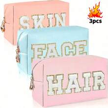 学院风化妆包女士旅行洗漱包雪尼尔字母化妆包 PU 皮革防水袋可爱拉链收纳包、皮肤、头发和面部旅行必备包，适合学校假期返校用品女士旅行包 - 彩色 - 查看 3