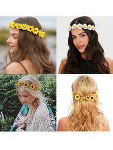 2 piezas Corona de flores de girasol y margarita, diadema de corona floral bohemia, accesorios para el cabello de novia hippie, adecuado para fiesta hawaiana, playa, sesión de fotos, fiesta y decoración de festival