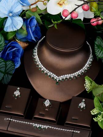 1 Set Elegant Cubic Zirconia Green Teardrop Gemstone Jewelry Set, Suitable For Women To Wear To Ceremonies And Banquets