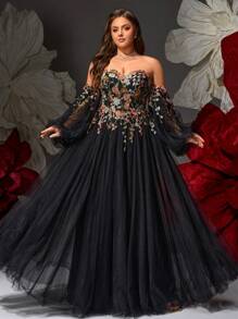 VIPGIRL Black Floral Embroidered Off Shoulder Ball Gown With Detachable Sleeves, Tulle Plus Size Formal Dress For Prom, Gala, Wedding Guest,Evening Dress Women Dresses,Evening Gowns Formal Plus