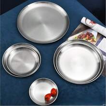 Stainless Steel Round Serving Plate - Brushed Finish Metal Tray For Salad, Pizza, Steak & Dessert - Easy Clean Tableware For Party & Holiday - Silver - Multicolor - View 4