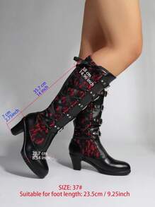 Botas altas de tacón grueso góticas y punk para mujer, para boda, novia, fiesta, Halloween, con cremallera trasera, hebilla, encaje, tacón de bloque, cordones, tacones altos rojos