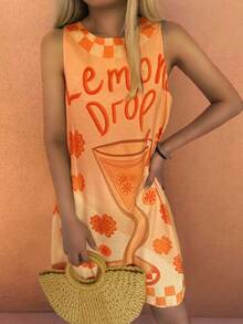 Sea Starshine Bohemian Summer Beach Casual Vacation Comfort Women's Lemon Cup Letter Clashing Plaid Leaf Pattern Sleeveless Dresses Brunch Outfits For Women