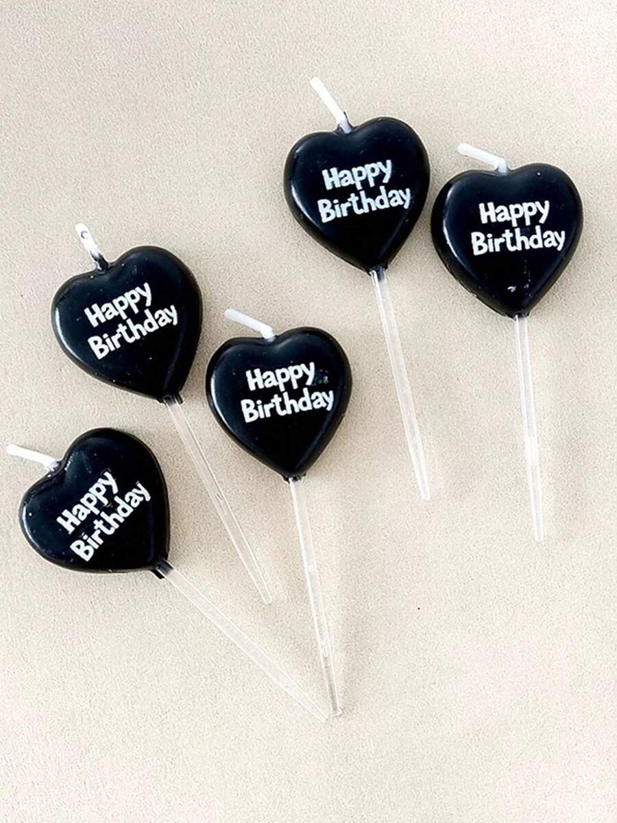 5支黑色心形生日快乐派对蛋糕蜡烛 - 黑色 - 查看 1