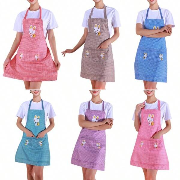 Checkered Bunny Apron - Brown Cartoon Pattern Kitchen Apron, Lightweight Breathable Sweat-Absorbent, With Practical Pockets, Suitable For Baking BBQ Cleaning Housework, Adjustable Neck Strap Waist Belt - Intimate Gift For Mom/Girlfriend, Mother's Day,Gift For My Mother,Kitchen Accessories,Cheap Apron ,Suitable For National Day, Parties, Gatherings, Bars, Restaurants, Hotels, Halloween