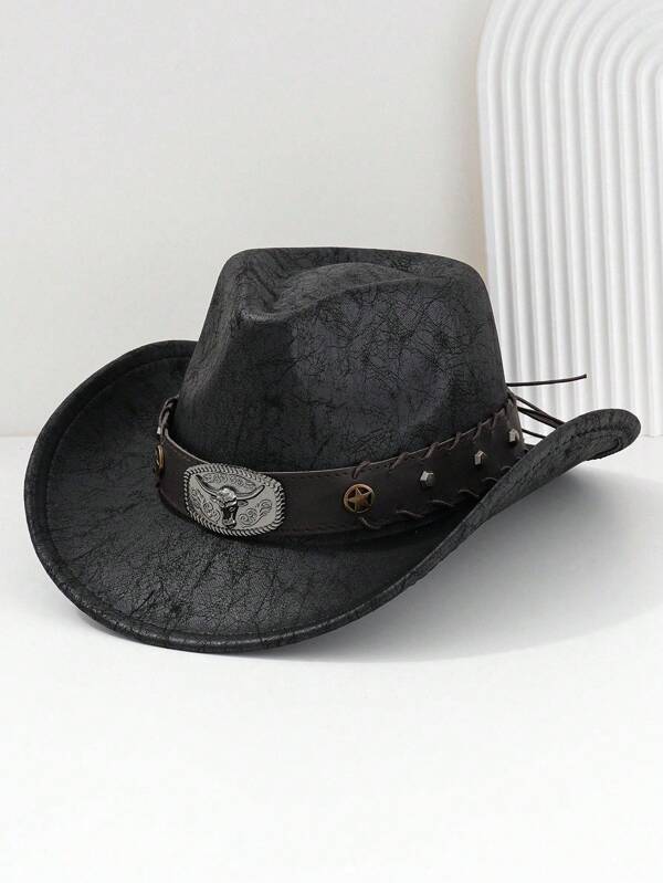 1PC Men's Women's Unisex PU Leather Western Cowboy Hat With Metal Bull Rivet Belt Hatband Accessories, Suitable For Parties, Western Themed Events, Gatherings, Role Playing, Graduation Ceremony, Masquerade, Festivals, Music Festivals