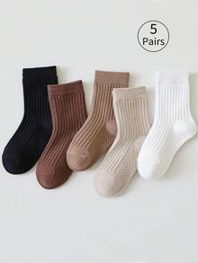 5/2/1 Pair Pack Children's Mid-Calf Socks, Suitable For Boys, Girls, Infants, Black, White, Khaki, Coffee, Solid Color, Striped, Massage Bottom, Pineapple Pattern Bottom, All Season, Thin, Mid-Calf, Casual, Fashionable, Comfortable, Versatile, Cute, Suitable For Daily Wear, Can Be Paired With Casual Shoes, Sneakers, Back To School Season, Students, New School Term, Start Of School, Classroom