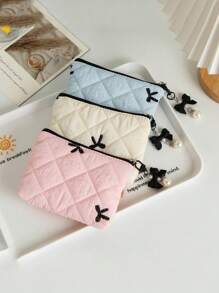 1 Piece Cute Ruffled Square Coin Purse With Bow Pattern Mini Lipstick Organizer Bag With Detachable Bow Pendant Portable Cosmetics Bag With Zipper Women's Makeup Storage Bag Soft Fabric Sanitary Napkin Organizer Bag Fashionable Clutch Pouch Wallet Small Items Storage Bag For Key, Earphone, Coin, Lipstick, Lip Oil, Card, Girls'Accessories College Vacation Cruise Summer Holiday Essentials Organizer Bag