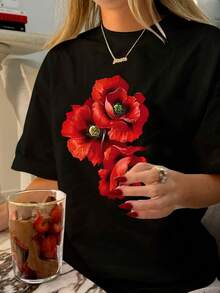 大码女式鲜艳红色罂粟花印花短袖圆领休闲上衣，透气舒适，春夏T恤，可机洗，女式T恤，夏季衬衫，女性化风格 - 黑色 - 查看 7